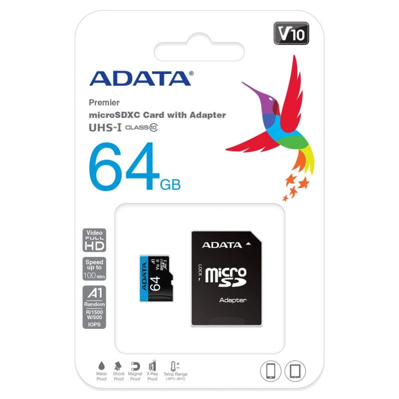 ADATA | AUSDX64GUICL10A1-RA1 | ADATA Memoria Flash Premier 64GB MicroSDXC UHS-I Clase 10 COLOR